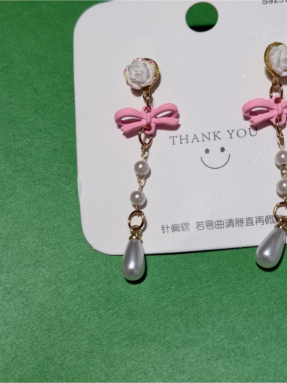 Pink Bow & Pearl Rose Drop Dangle Earrings - Picture 2 of 5
